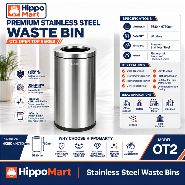OT2 Dustbin | 65L | Silver | Lobby Bin | Open Top Bin | Lobby Bin | Waste Bin | Outdoor Bin