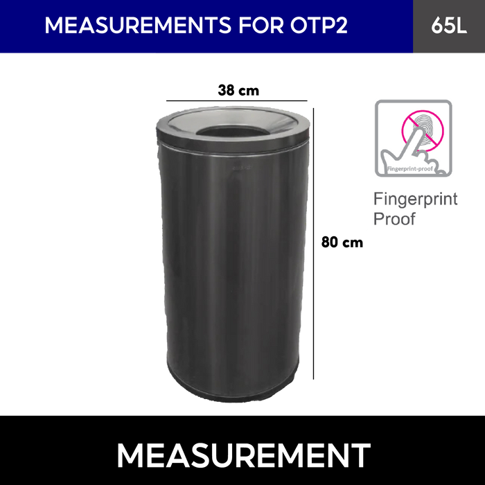 OTP2 Dustbin | 65L | Silver, Black | Lobby Bin | Open Top Bin | Outdoor Bin | Stainless Steel Bin - HippoMart SG