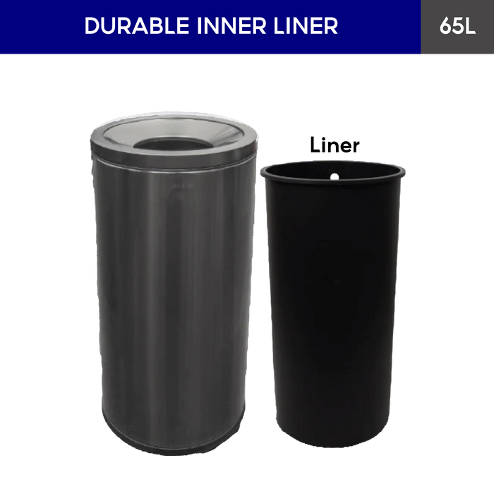 OTP2 Dustbin | 65L | Silver, Black | Lobby Bin | Open Top Bin | Outdoor Bin | Stainless Steel Bin - HippoMart SG