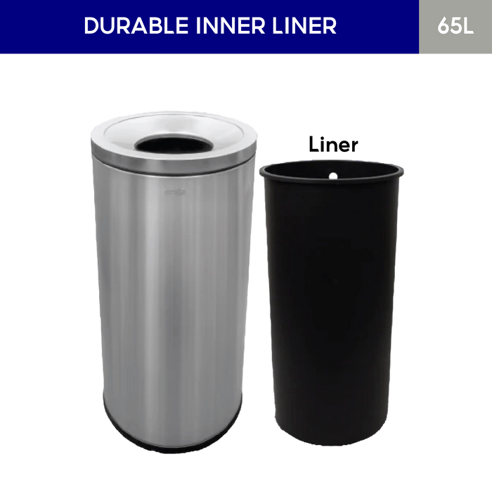 OTP2 Dustbin | 65L | Silver, Black | Lobby Bin | Open Top Bin | Outdoor Bin | Stainless Steel Bin - HippoMart SG