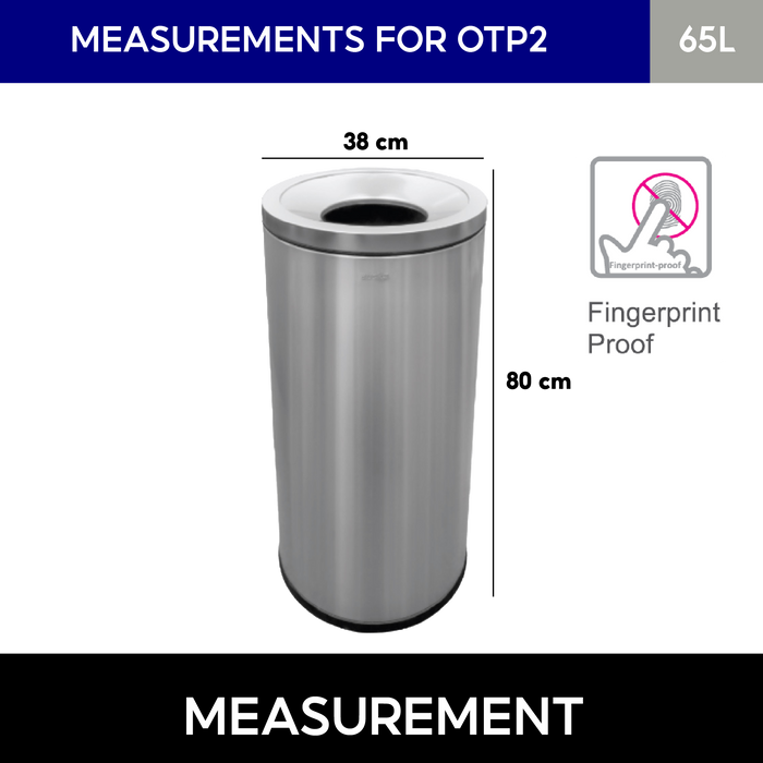 OTP2 Dustbin | 65L | Silver, Black | Lobby Bin | Open Top Bin | Outdoor Bin | Stainless Steel Bin - HippoMart SG