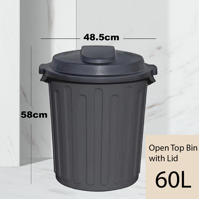 RAVEN Dustbin | Black Bin | Open Top Dustbin | Rubbish Bin | Lid | 60L | Trash Bin - HippoMart SG
