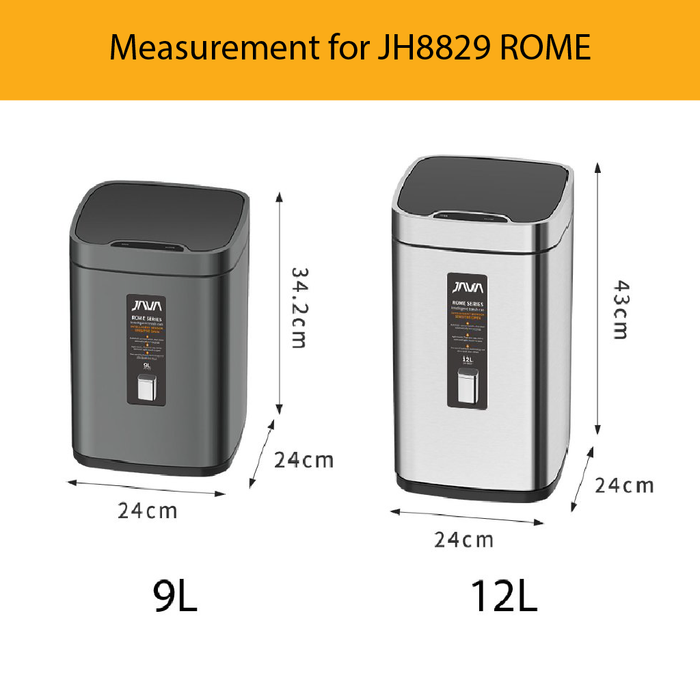 JAVA Dustbin | ROME | JH8829 | 9L, 12L, 28L, 35L | Square Sensor Bin | Soft Closing | Trash Bin - HippoMart SG