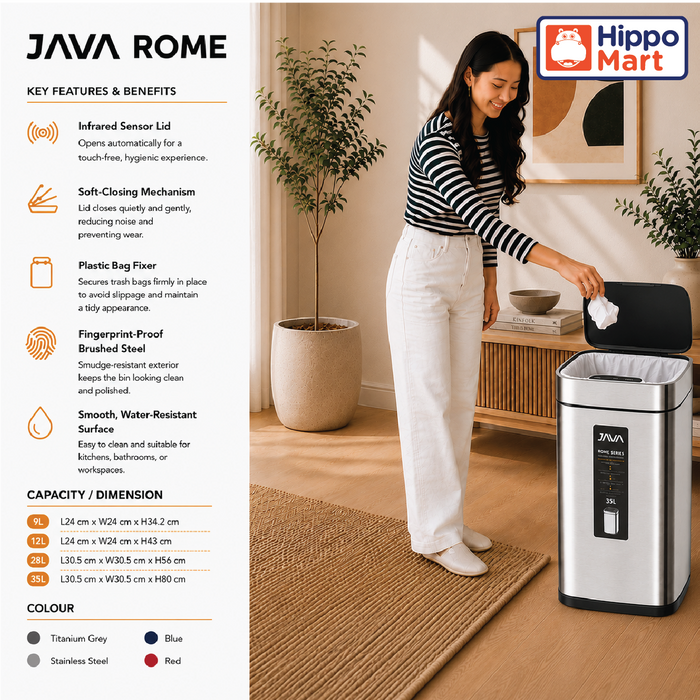 JAVA Dustbin | ROME | JH8829 | 9L, 12L, 28L, 35L | Square Sensor Bin | Soft Closing | Trash Bin