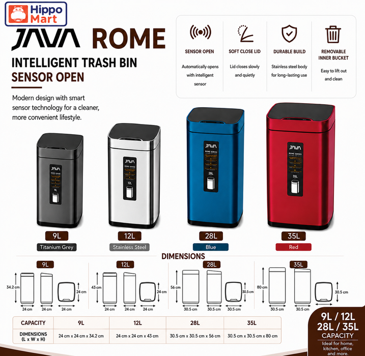 JAVA Dustbin | ROME | JH8829 | 9L, 12L, 28L, 35L | Square Sensor Bin | Soft Closing | Trash Bin