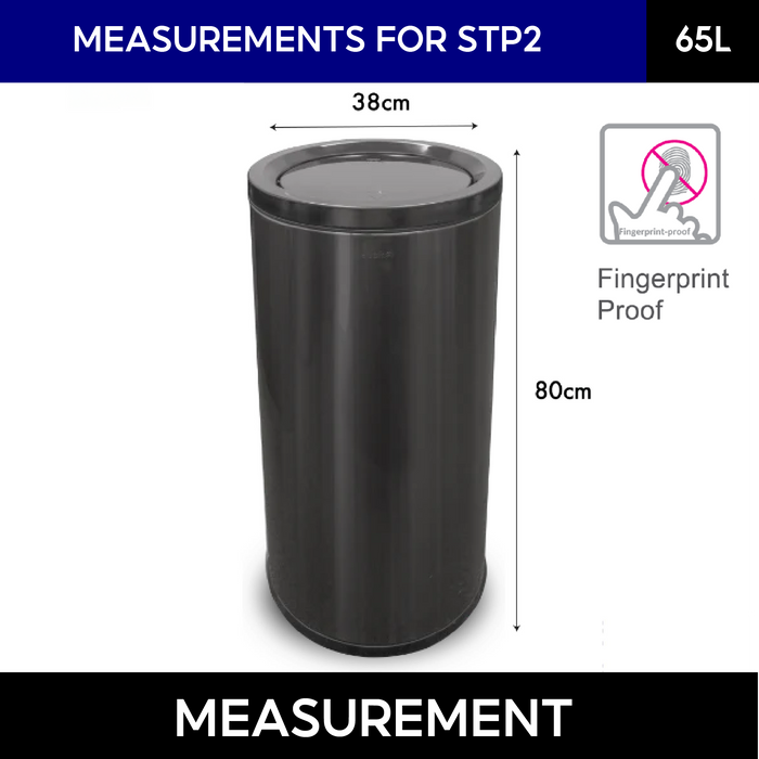 STP2 Dustbin | 65L | Silver Dustbin | Black Dustbin | Lobby Bin | Swing Top Bin | Stainless Bin - HippoMart SG