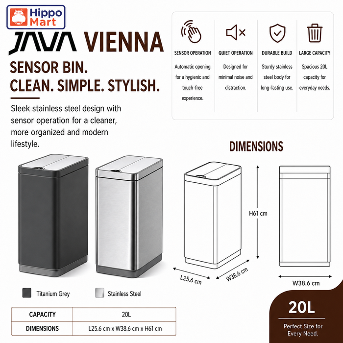 JAVA Dustbin | VIENNA | JH8821 | 20L | Sensor Bin | Trash Bin | Waste Bin | Kitchen Bin | Bin