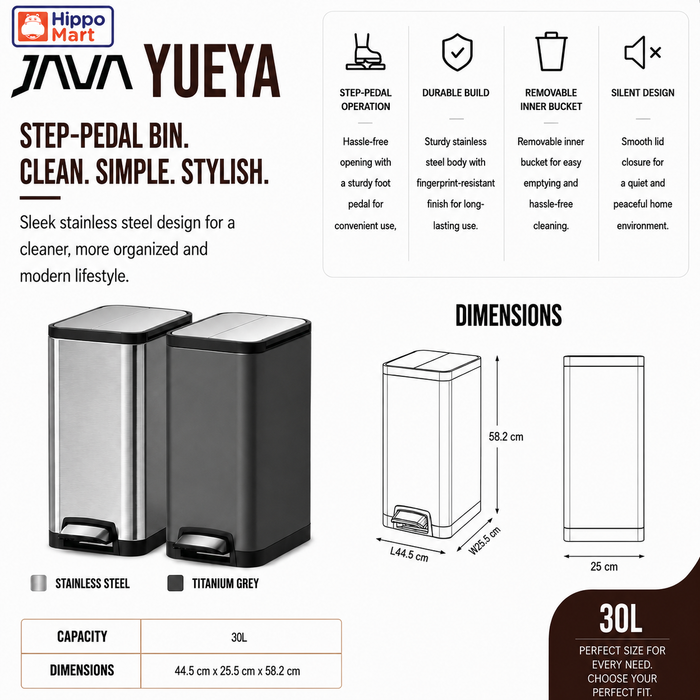 JAVA Dustbin | YUEYA | JH8866 | 30L | Slim Step Bin | Soft Closing | Trash Bin | Dustbin for Kitchen